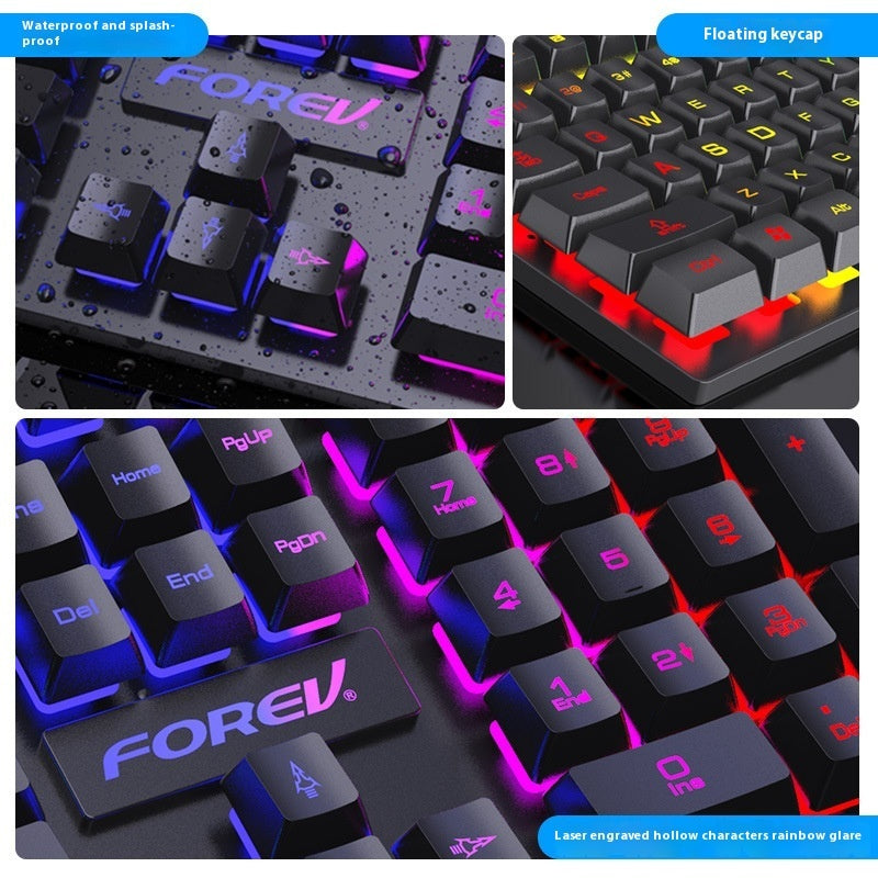 FV-Q1 Full-Size USB Keyboard and Mouse Combo – Luminous Characters, Six-Color Backlight or All-Black LED, Universal Compatibility