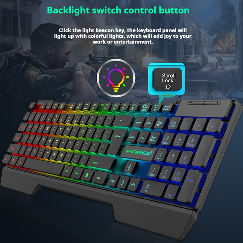 FV-Q1 Full-Size USB Keyboard and Mouse Combo – Luminous Characters, Six-Color Backlight or All-Black LED, Universal Compatibility