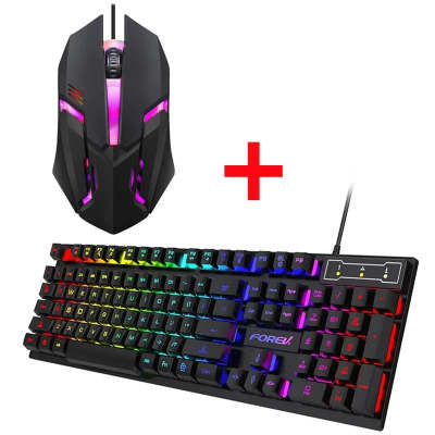 FV-Q1 Full-Size USB Keyboard and Mouse Combo – Luminous Characters, Six-Color Backlight or All-Black LED, Universal Compatibility