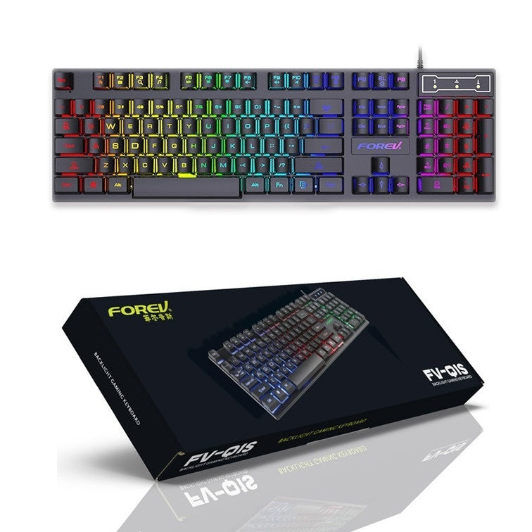 FV-Q1 Full-Size USB Keyboard and Mouse Combo – Luminous Characters, Six-Color Backlight or All-Black LED, Universal Compatibility