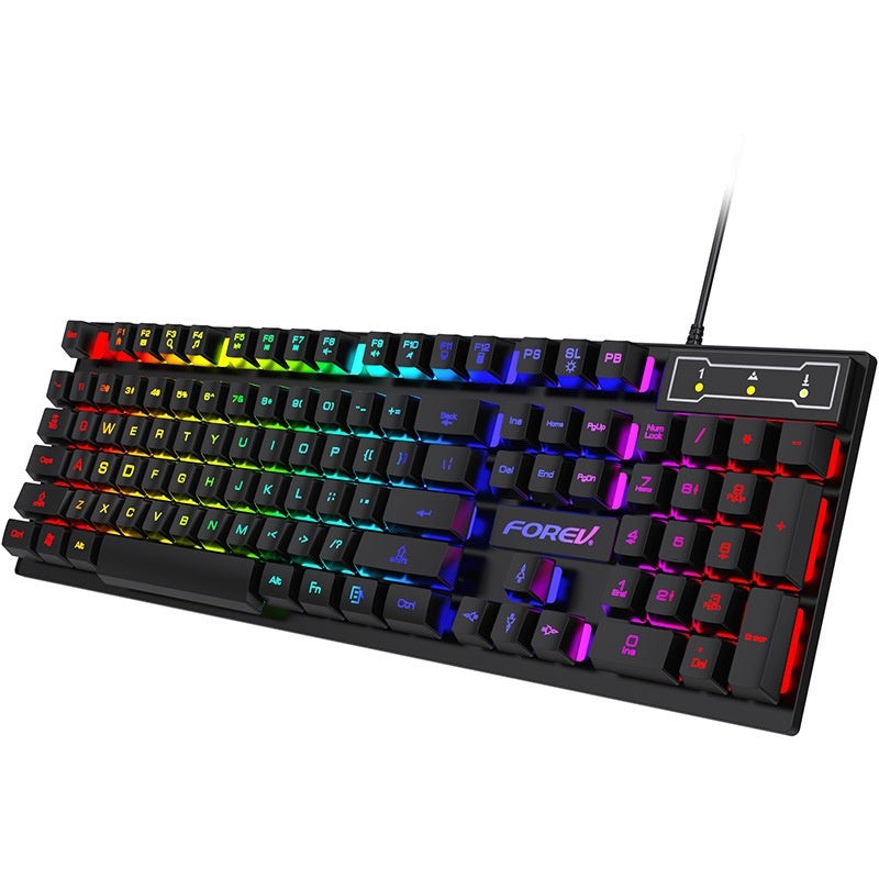 FV-Q1 Full-Size USB Keyboard and Mouse Combo – Luminous Characters, Six-Color Backlight or All-Black LED, Universal Compatibility