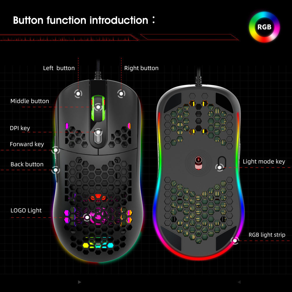 💨 Ultra-Light Honeycomb RGB Gaming Mouse with Ventilated Shell