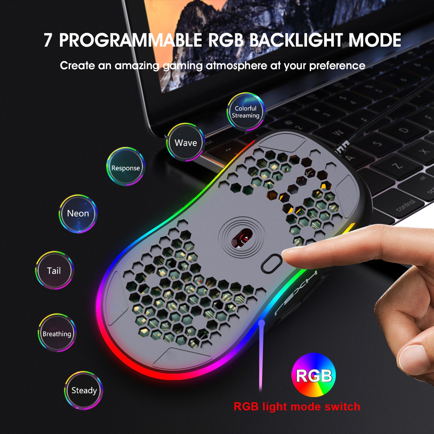 💨 Ultra-Light Honeycomb RGB Gaming Mouse with Ventilated Shell
