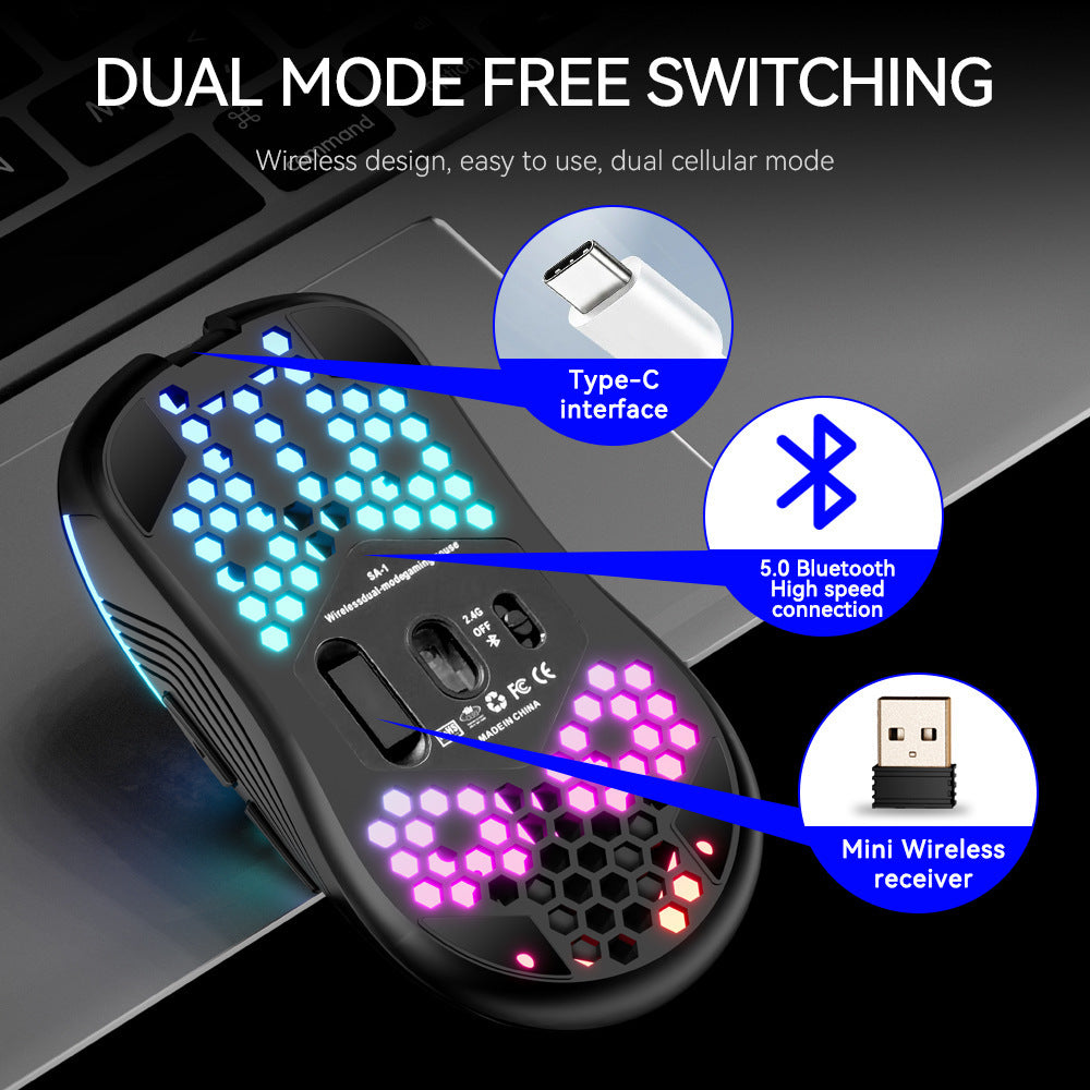 SA-1 RGB Wireless Gaming Mouse – Dual Mode Bluetooth & 2.4GHz, Lightweight Honeycomb Shell, Rechargeable