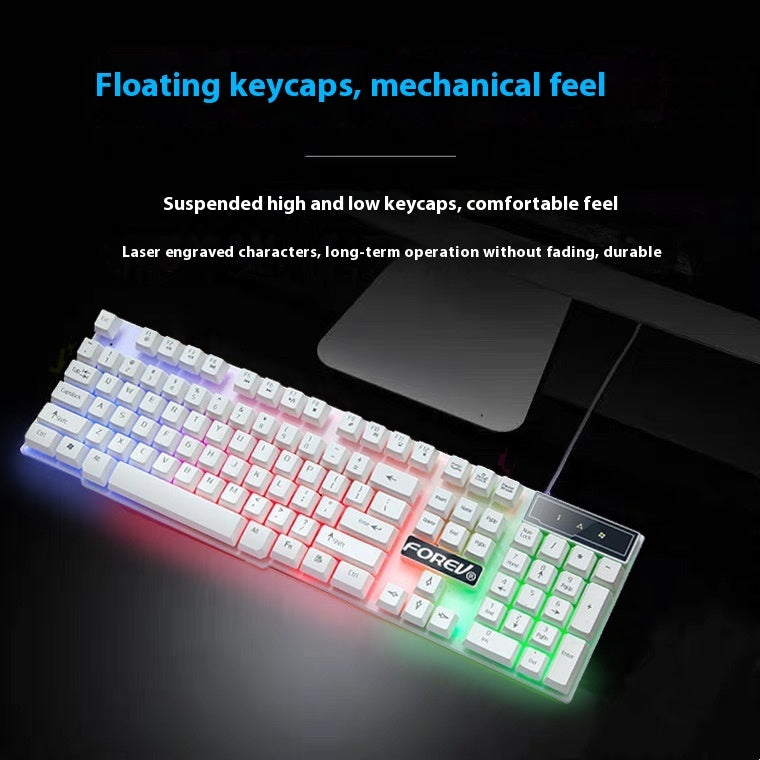 FV-Q1 Full-Size USB Keyboard and Mouse Combo – Luminous Characters, Six-Color Backlight or All-Black LED, Universal Compatibility