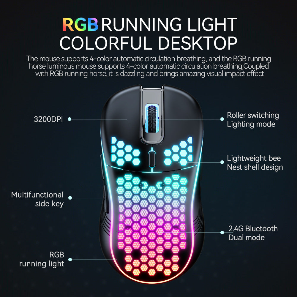SA-1 RGB Wireless Gaming Mouse – Dual Mode Bluetooth & 2.4GHz, Lightweight Honeycomb Shell, Rechargeable